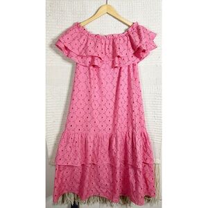ELIZABETH WILSON pink floral lace ruffled off shoulder midi dress XS NEW